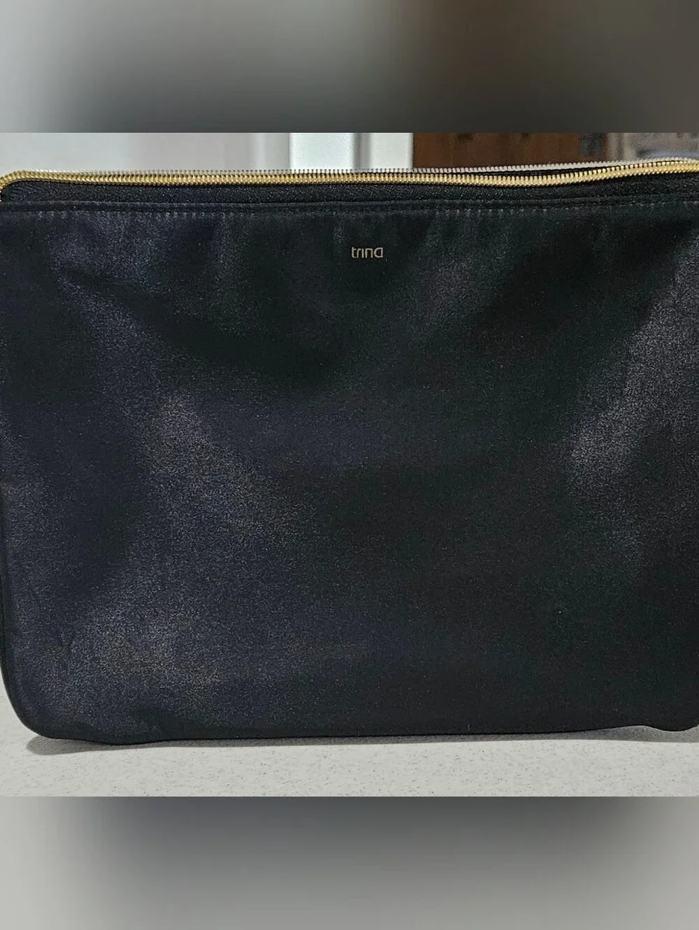Trina Turk Black Satin Clutch Pouch – Gold Zip ✨